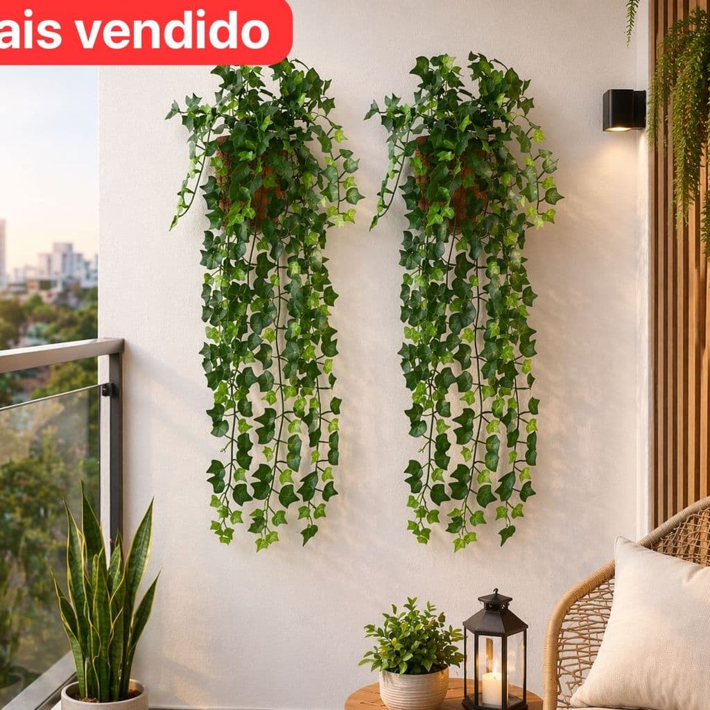 2 Vaso Trançado com 2 Plantas Pendentes EM CADA Artificiais Verde Decorativo Para Parede e Varanda