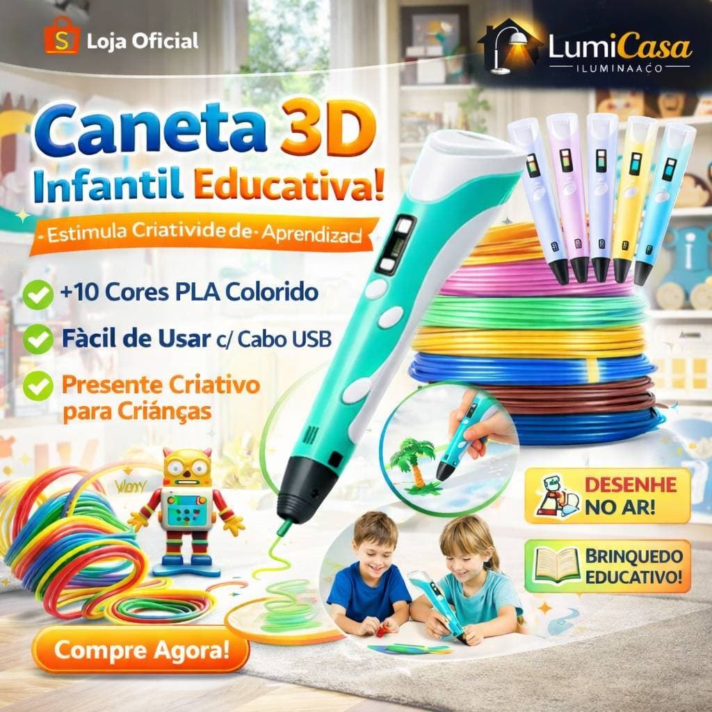 Caneta 3D Infantil com Filamento PLA Colorido USB – Impressora 3D Educativa Criativa para Crianças Presente