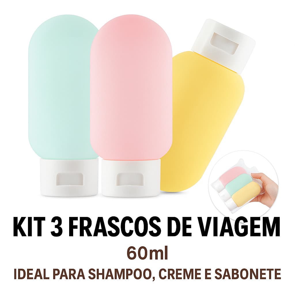 Kit com 3 Mini Frascos de Viagem de Silicone para Creme ,Shampoo ,Dispenser Sabonete para Bolsa 60ml