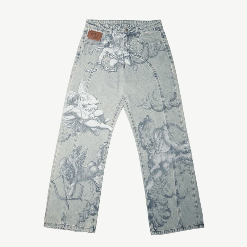 Y2k Retro Moda Cupido Anjo Padrão Americano Hip-hop Streetwear Neutro Casual Perna Reta Calças Jeans