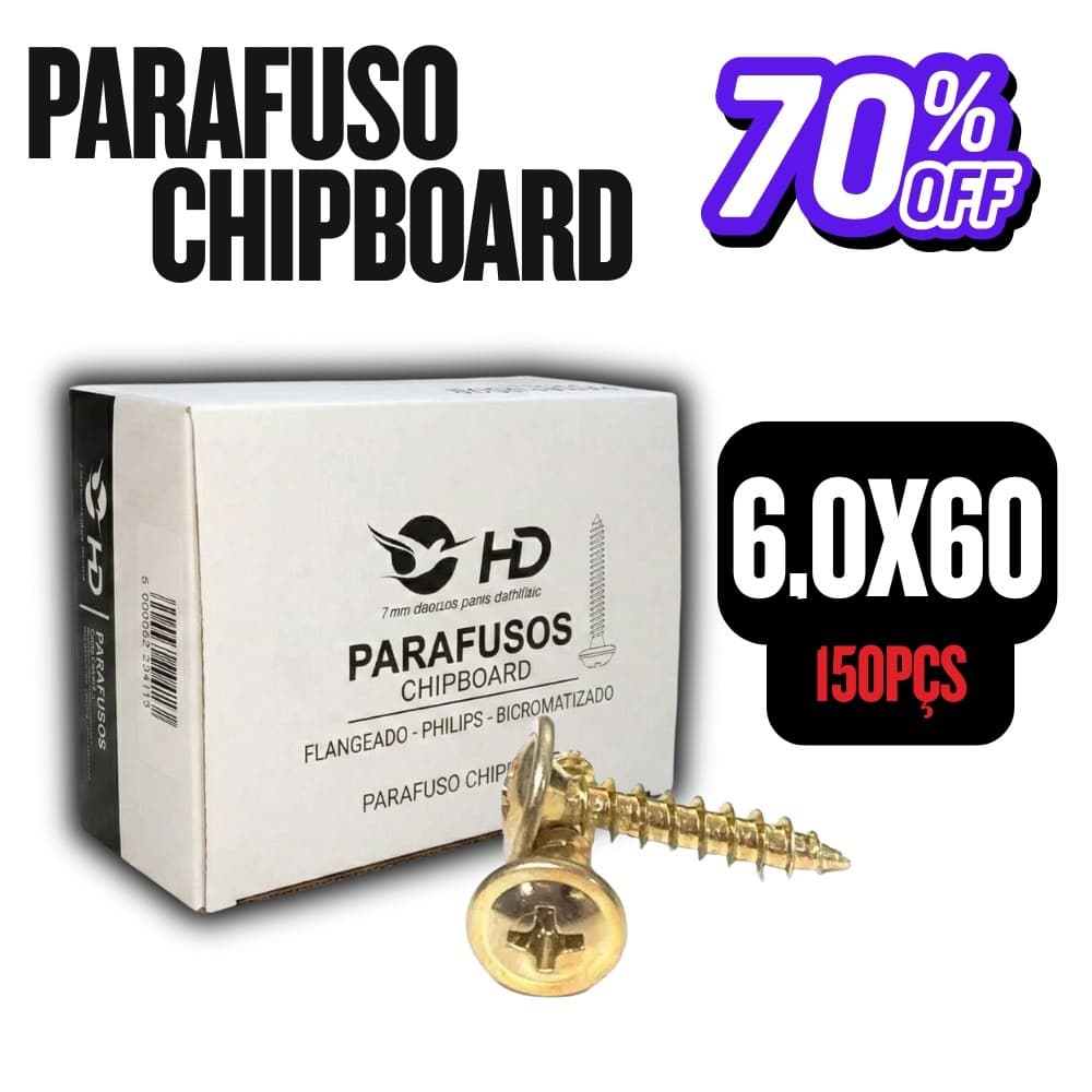 Parafuso 6,0x60 Chipboard Flangeado Phillips para Madeira - HD CAIXA COM 150 peças