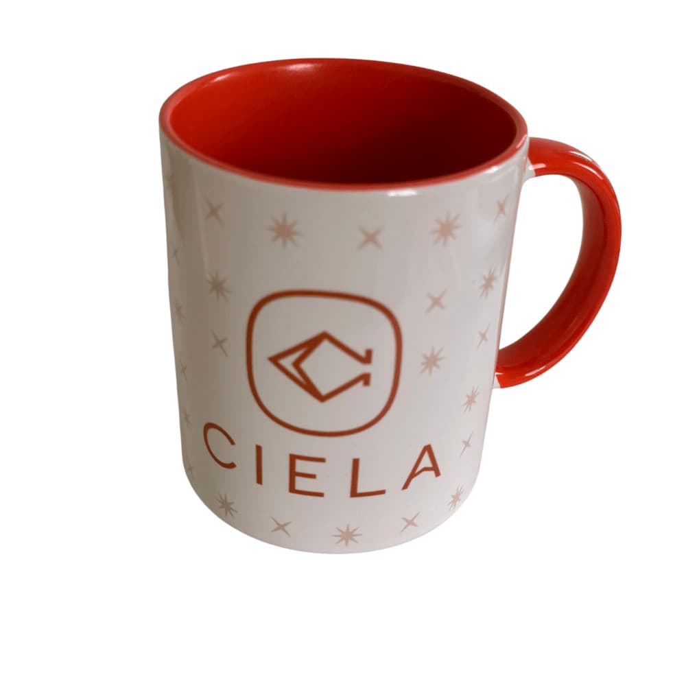 Caneca de Porcelana Lúmina - Branco e Laranja - Design Exclusivo com Logo da Ciela e Estrelas