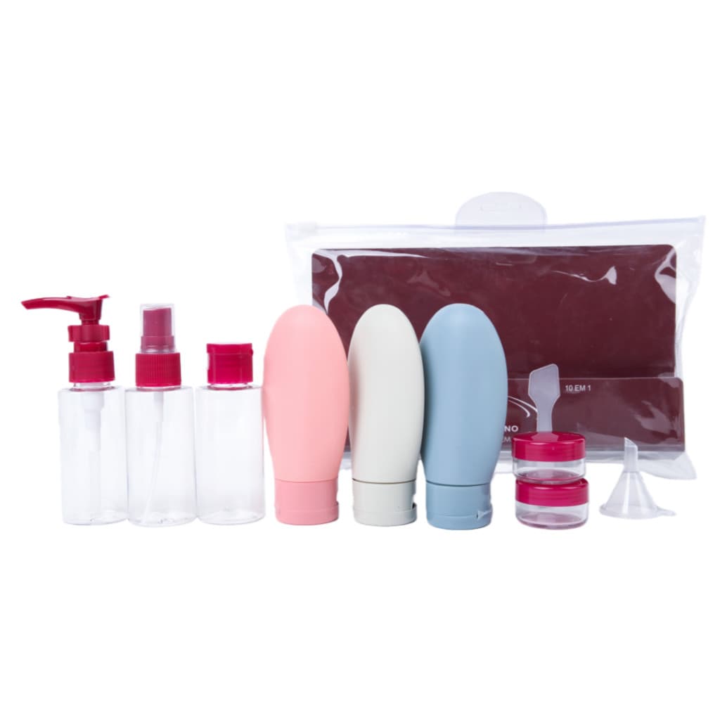 Conjunto Portátil de Viagem P/Cosméticos e Higiene–Frascos Potes e Bolsa Organizadora