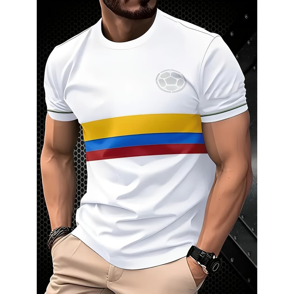 Camiseta Masculina E Adolescente De Manga Curta Respirável Com Bandeira Colombiana Colorida Estampa De Logotipo De Futeb