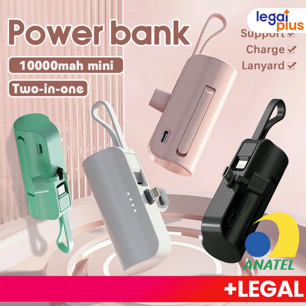 Carregador Portátil Mini 10000mAh com Recarga Sem Fio 2-em-1 para iPhone e Tipo-C
