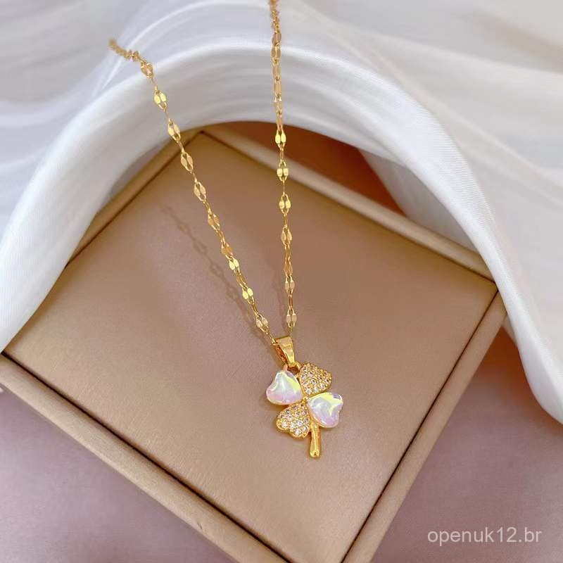 Colar Trevo de Quatro Folhas Aurora Stone, Único e Exclusivo, Estilo Retrô Artístico, Corrente de Aço Titânio Estilo Cel