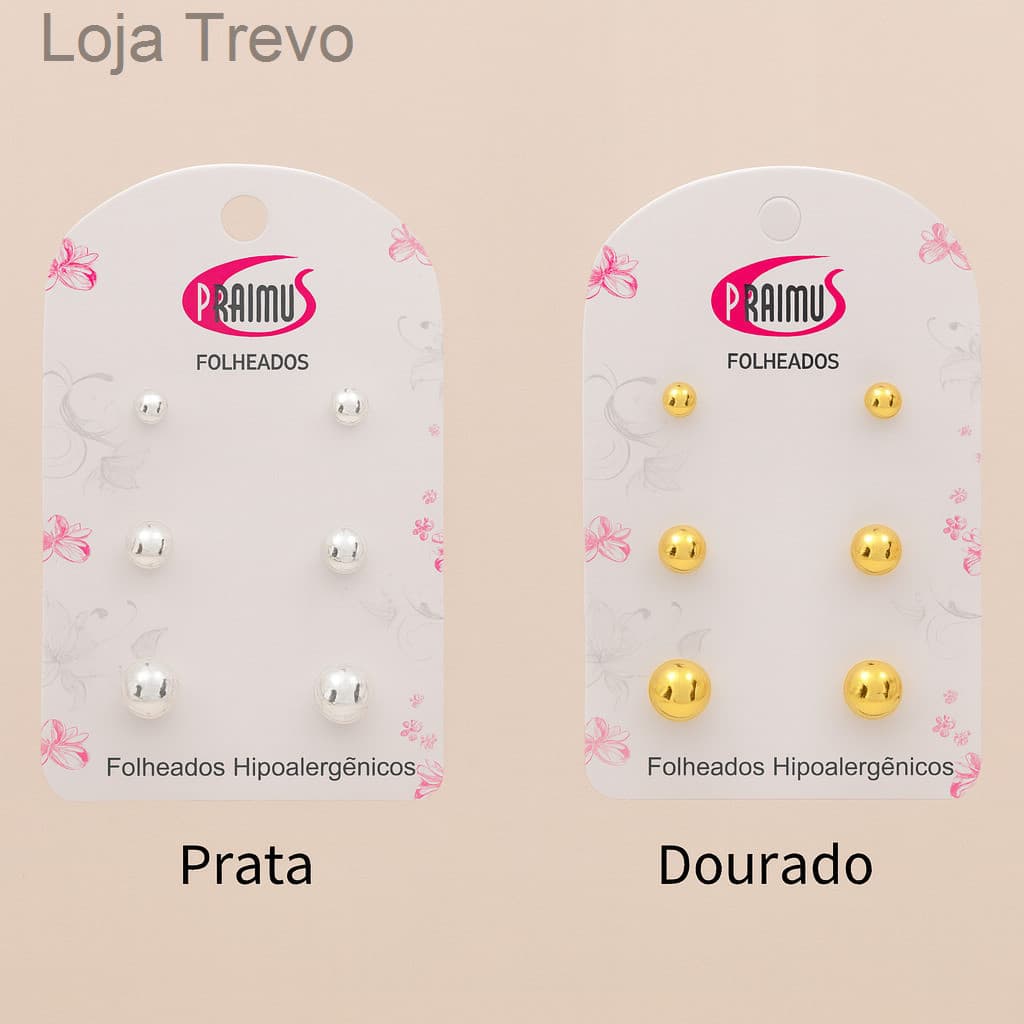 (V)Trio de Brincos Esferas – Folheados Hipoalergênicos (Prata e Dourado)ZADN