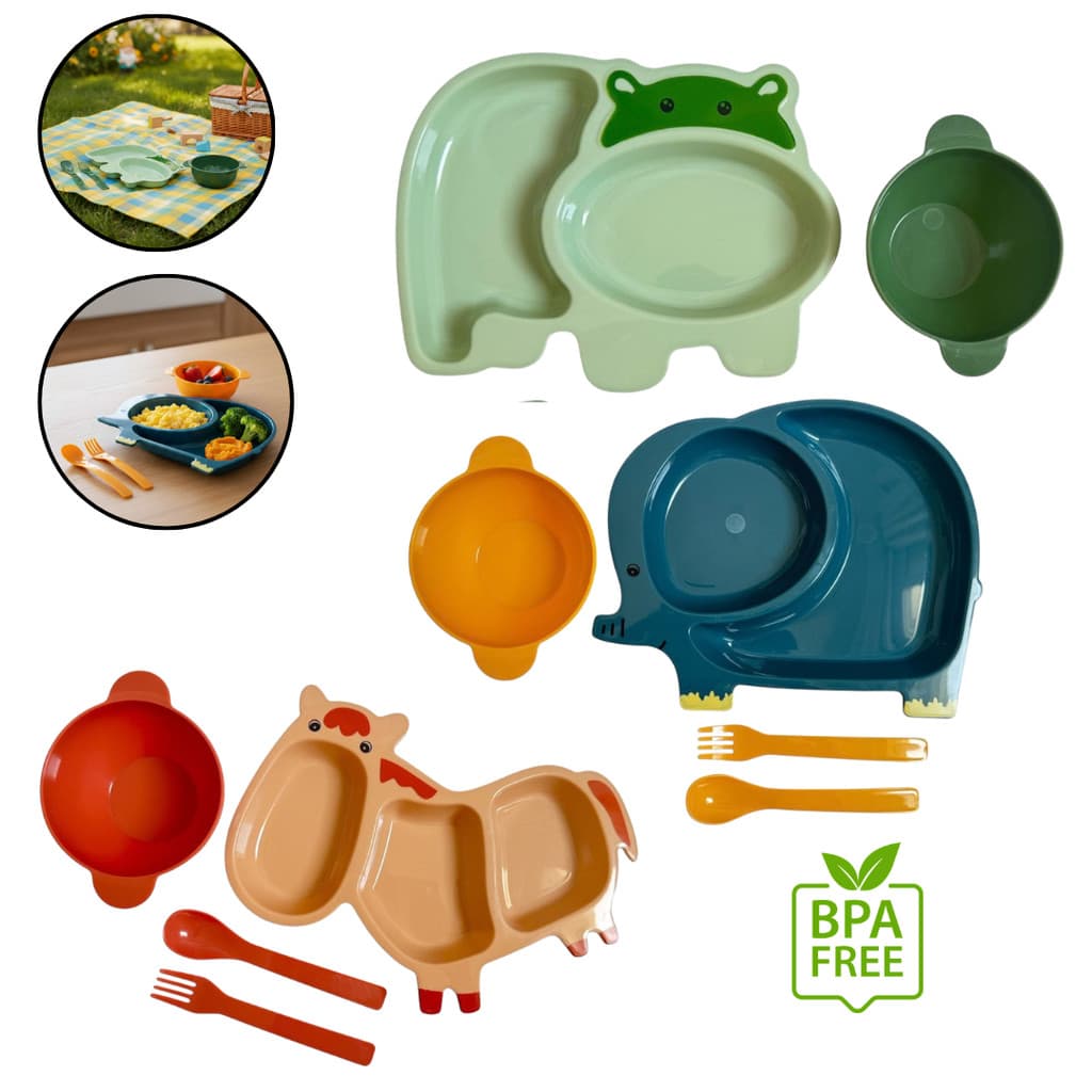 KIT 4 PEÇAS  ALIMENTAÇÃO INFANTIL PRATO C/ DIVISORIA GARFO COLHER BLW INTRODUÇÃO ALIMENTAR PAPINHA