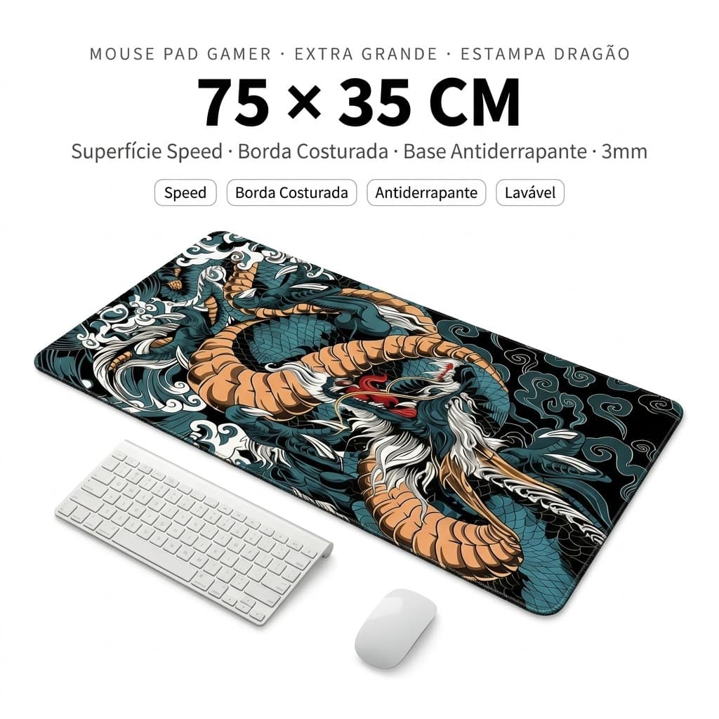 Mouse Pad Gamer Extra Grande 75x35 cm Speed Borda Costurada Dragao Antiderrapante Teclado Mouse