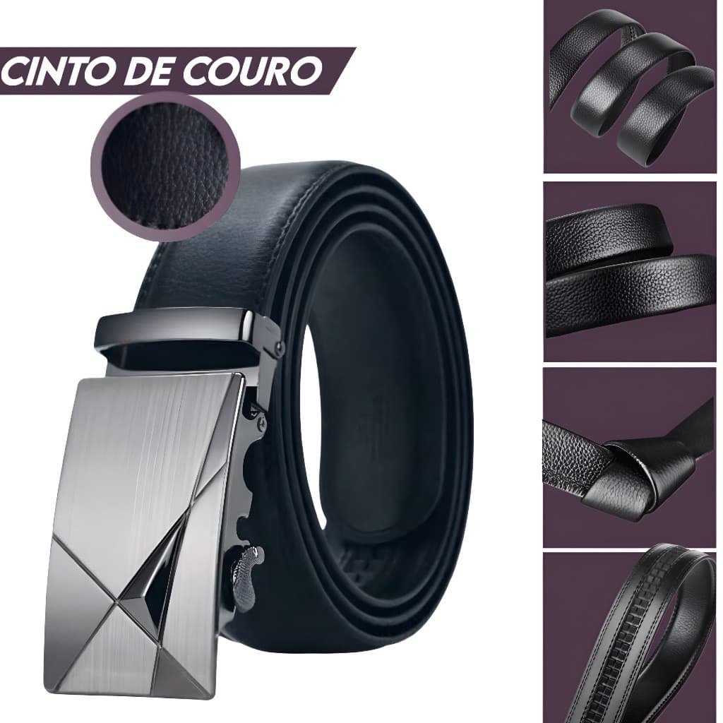 KIT CINTO SOCIAL COURO FIVELA AUTOMATICA CINTO PRETO SEM FUROS