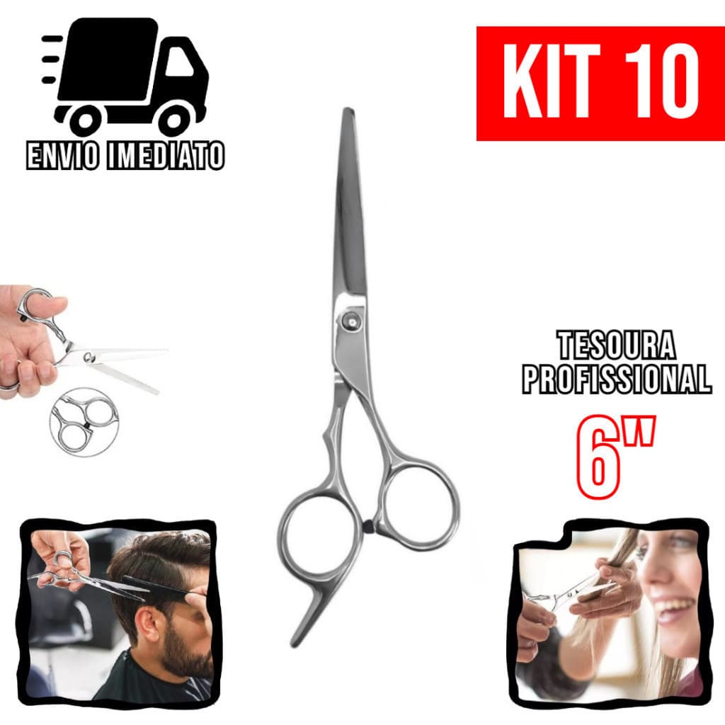Kit 10 Tesoura Cabeleireiro Profissional 6" Aço Inoxidável Barbearia e Salão