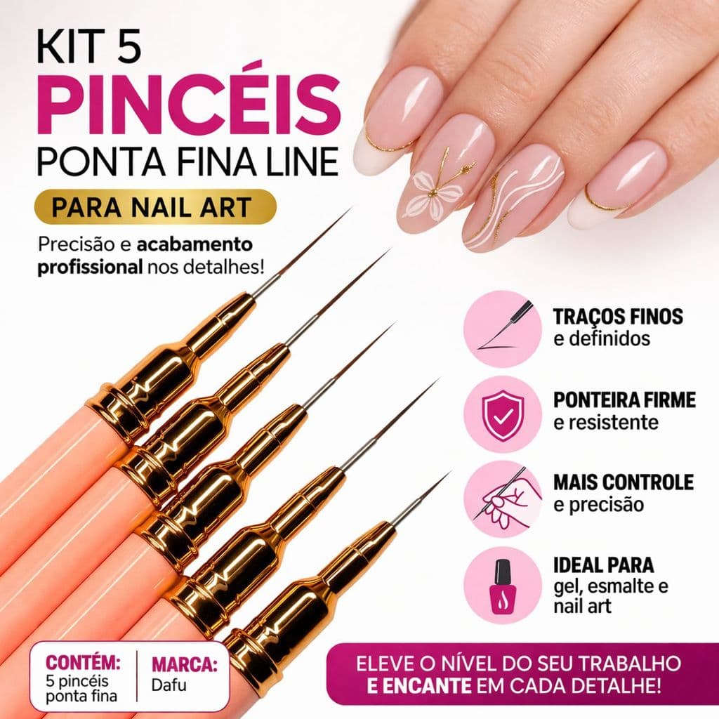Kit 5 Pincéis Nail Art Ponta Fina Line Dafu Profissional