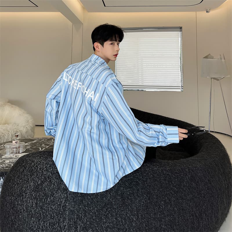 Overesize camisa listrada jaqueta masculina fina Retro impressa manga longa unissex solta estilo preguiçoso camisa na mo