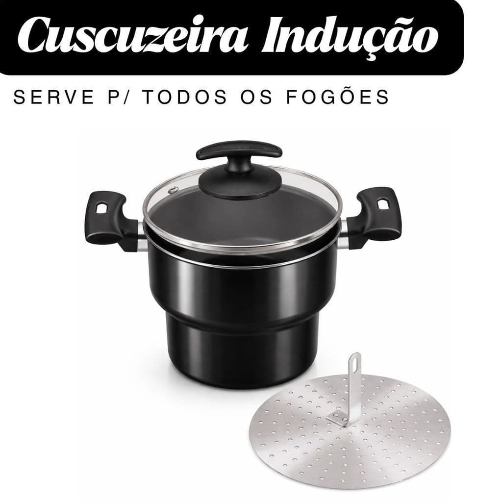Cuscuzeira de Indução c/ tampa de vidro Todos os Fogões Preta Cuscuz Grande Nº16