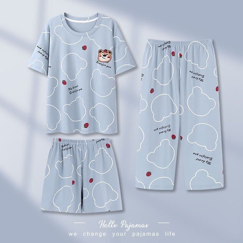 M-5XL Pijama Plus Size Feminino 3 Peças Em 1 Conjunto Manga Curta + Shorts + Calça Comprida Pijamas
