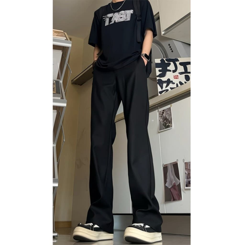 Calças retas Slim-fit Micro-Flap masculinas Drape high-End calças casuais de seda gelo verão calças pretas finas de alta