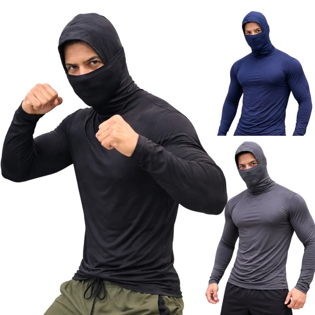 Camisa Térmica CAPUZ BALACLAVA Masculina Manga Longa Compressão Treino Academia MMA Jiu Jitsu Secagem Rápida NO GI