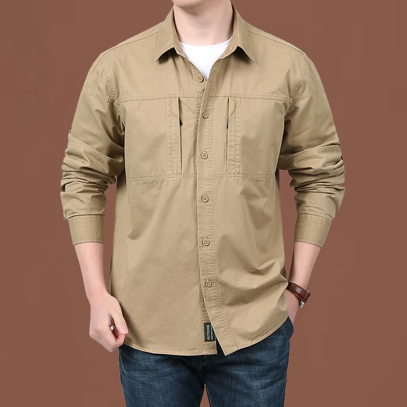 Bolso grande com zíper duplo!!Primavera novo estilo masculino Workwear camisa de manga comprida tamanho grande puro algo