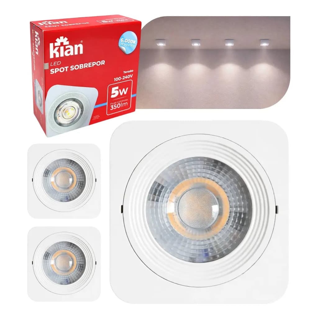 Kit 3 Spot Led Sobrepor Quadrado Branco 5w 6000k Kian