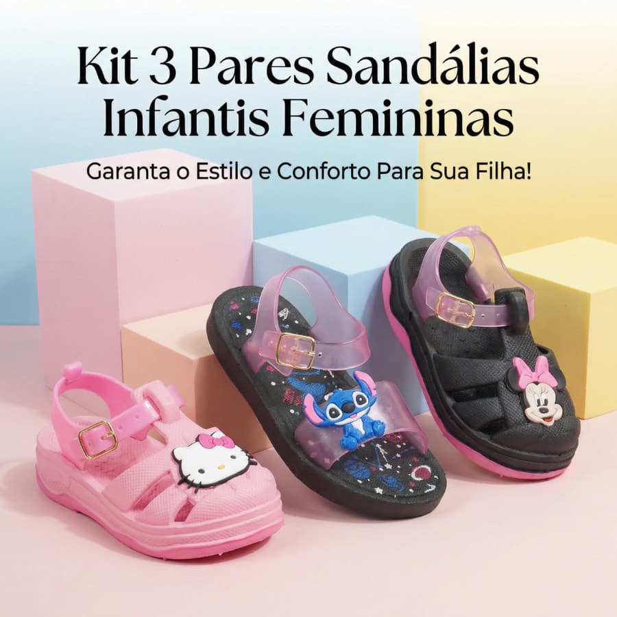 Kit 3 Pares de Sandália Infantil Menina Casual e Confortável para o Dia a Dia