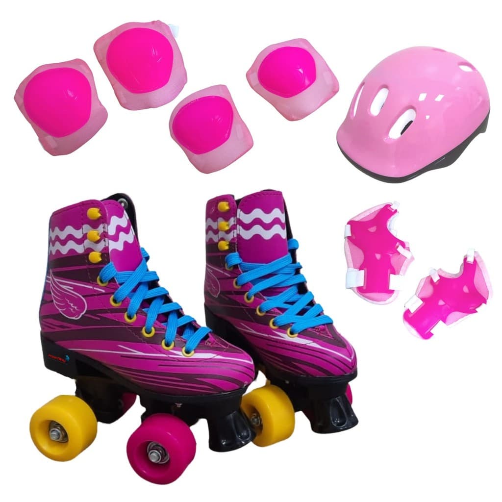 Kit Patins Roller Quad Classico Couro Rosa + Capacete E Proteção Completo