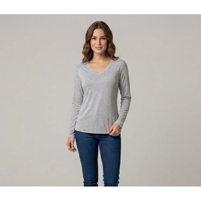 Blusa Manga Longa Feminina Gola V Segunda Pele Viscolycra Elegante Casual