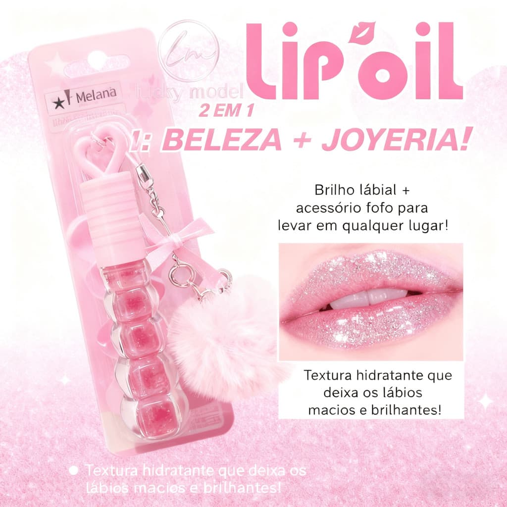 Gloss Labial Melana com Pingente de Pelúcia - Chaveiro Fofo e Hidratante
