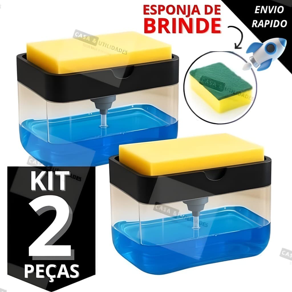 Kit 2 Dispenser de Detergente 2x1 Porta Sabão Líquido Suporte Bucha Esponja Limpeza Cozinha
