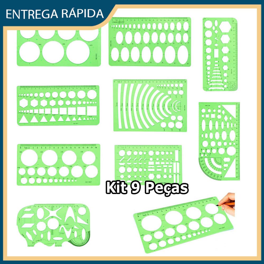 Kit 9 Ferramentas de medição geométrica Régua com gabarito para desenho geométrico Régua de plástico transparente