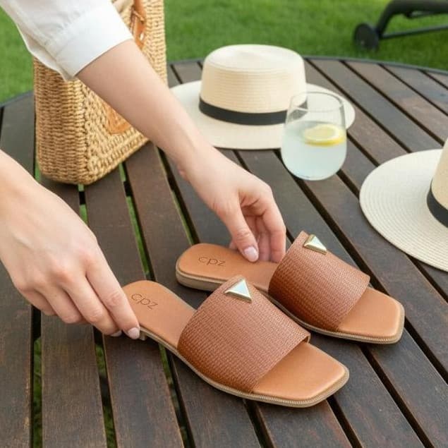 Sandália Rasteira Feminina Delicada Moderna Elegante Metal Dourado