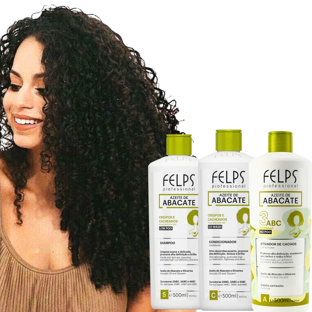 Kit Sh+Cond+Ativador de Cachos Alta Definição Cabelo Cacheado/Crespo 2ABC 3ABC 4ABC Brilho - Felps
