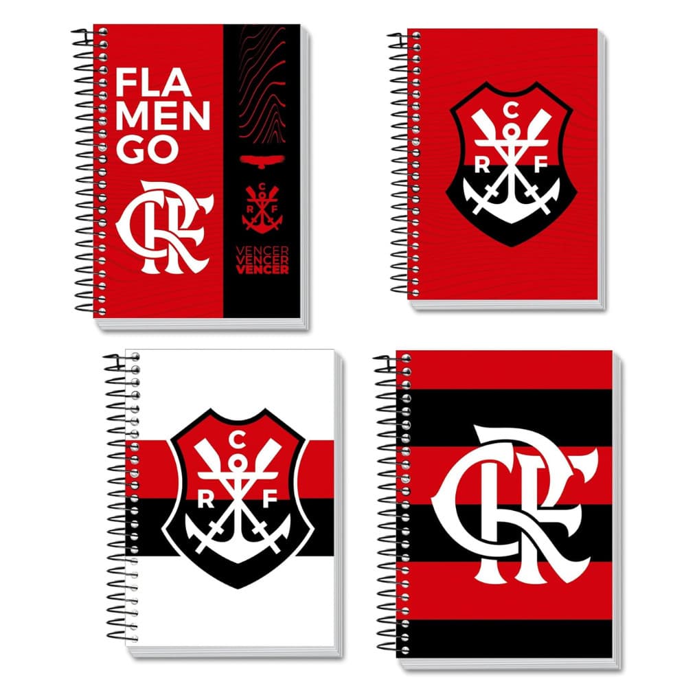 Kit 4 Caderno Espiral Flamengo Rubro Negro Capa Dura 10 Matéria 160 Folhas