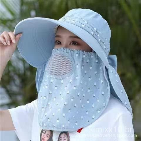 Novo chapéu feminino de verão estilo coreano com aba larga, máscara facial e xale, chapéu de proteção solar em malha res