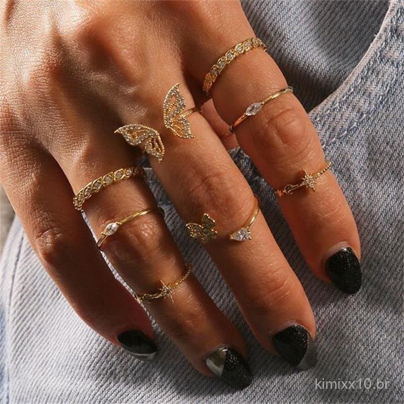 Conjunto boêmio de 8 peças com anéis de borboleta e flor cravejados de diamantes, anéis de cristal vintage para casament