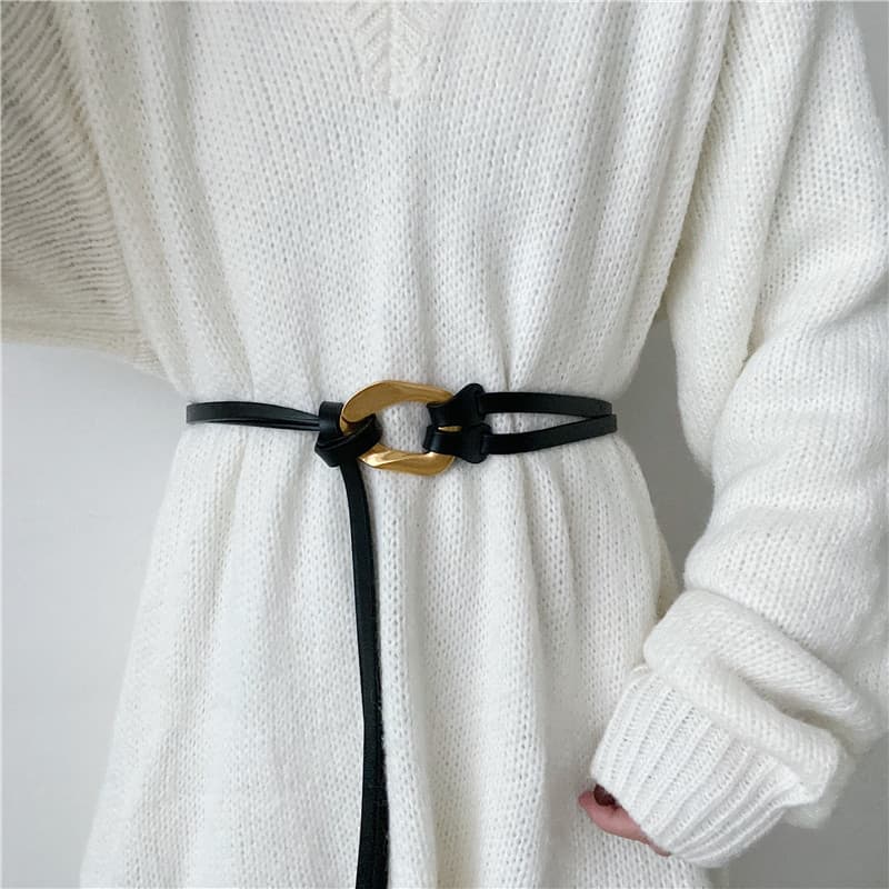 Versão coreana terno atado cinto feminino couro genuíno moda All-Match decorativo combinando camisola casaco de lã cintu