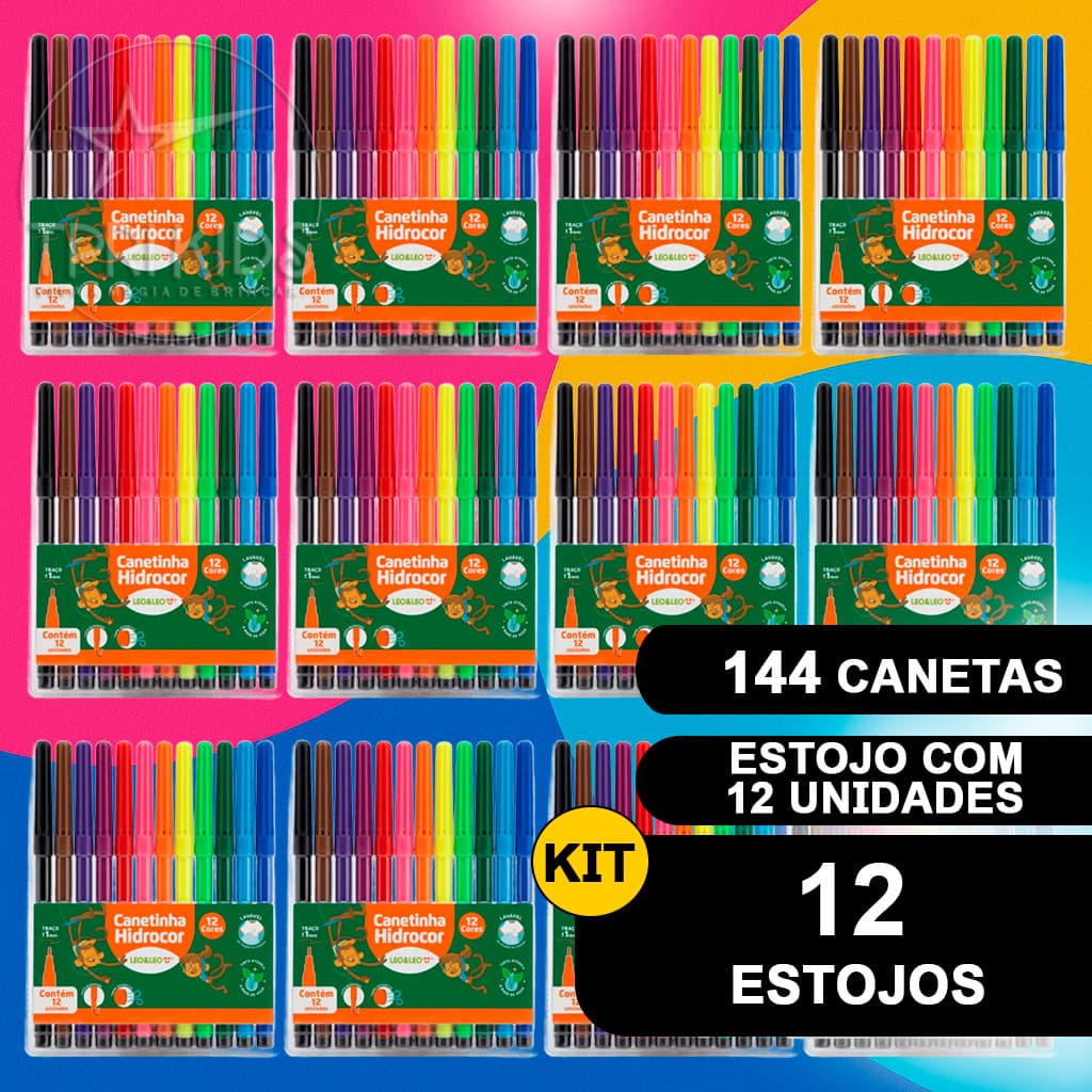Kit 12 Estojos Canetinha Hidrográfica 12 Cores Lavável Hidrocor 1mm Material Escolar