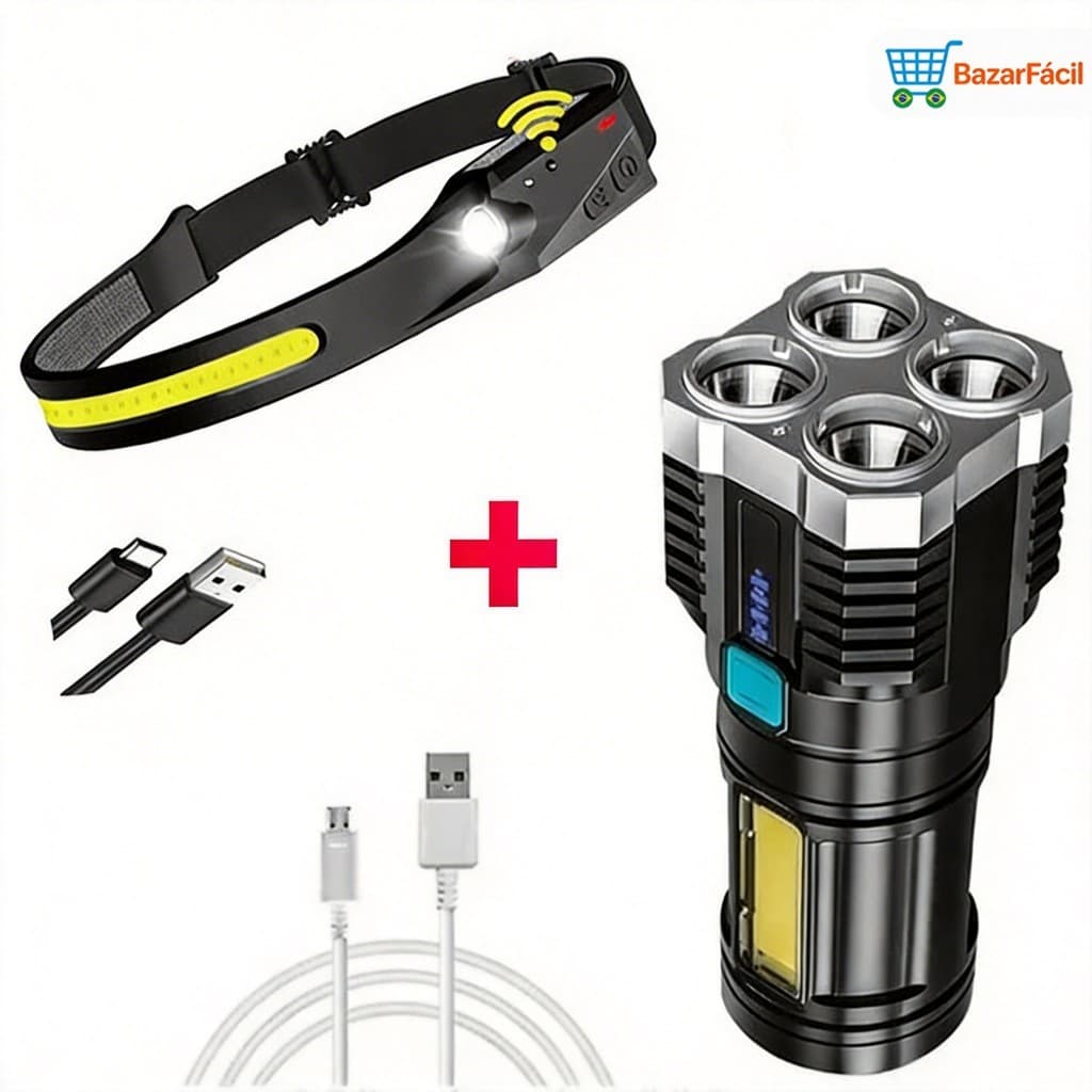 KIT de Lanterna Tatica Recarregavel + Lanterna de Cabeça Led Corpo Motion Camping Torch Light Lamp Com Usb