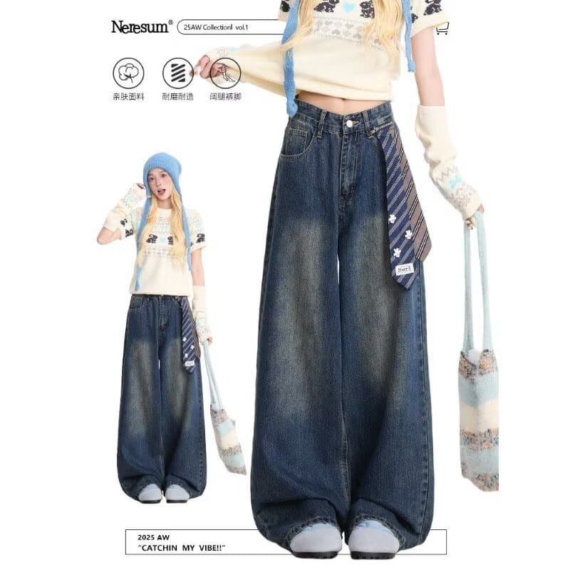 jeans De Perna Reta Com Gravata vintage Azul Escuro Para Mulheres , Calças Compridas Casuais Soltas De Pernas Largas