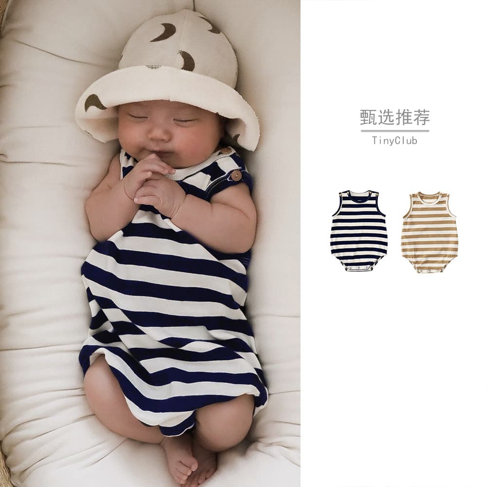 Roupas de bebê listrado bodysuit verão novo estilo influenciador ins estilo botão ombro do bebê estilo ocidental colete