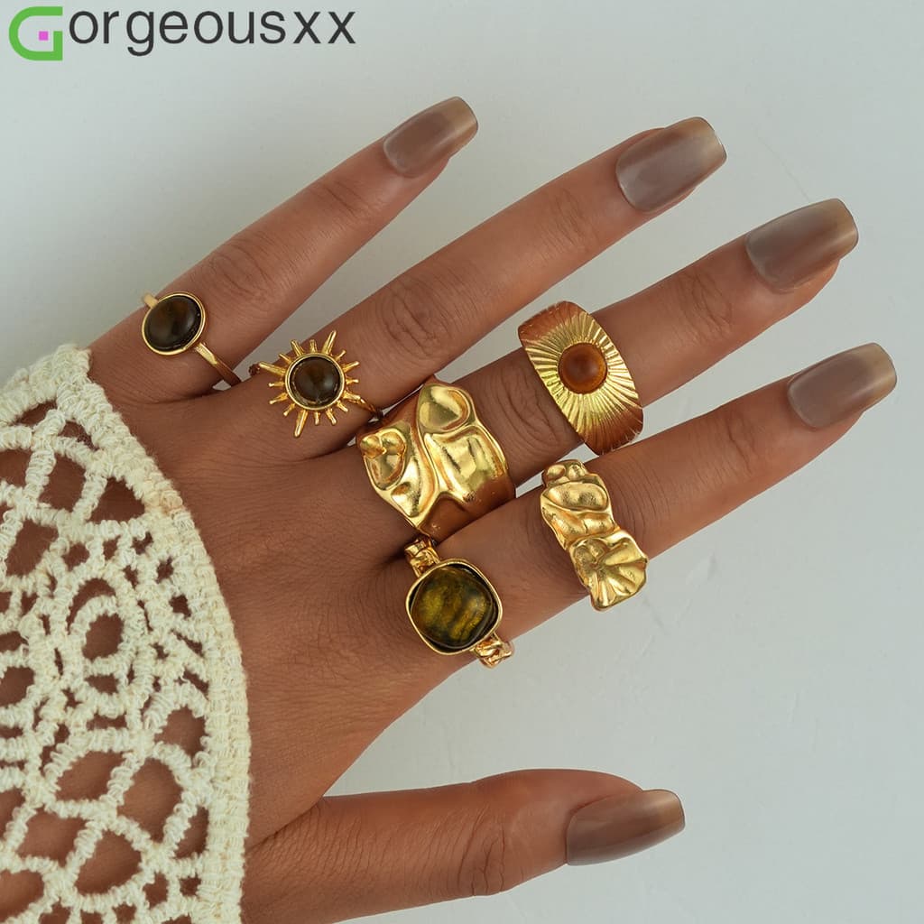 [Deslumbrante] Novo Conjunto de Anéis Vintage com Pedra Olho de Tigre, Anel de Moda Feminino, Joia Exclusiva