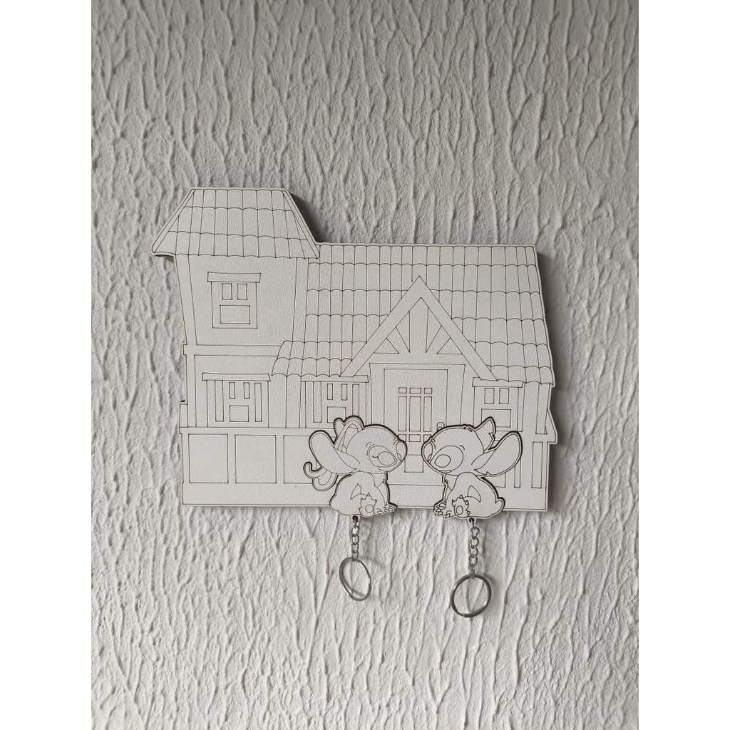 Porta Chaves MDF Decorativo Casa Stitch Casal | Organizador de Parede Criativo com Ganchos