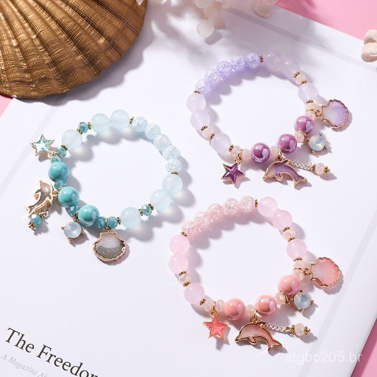 Pulseira de golfinho e concha em estilo coreano para férias no oceano, elegante pulseira de cristal rosa e cristal brilh