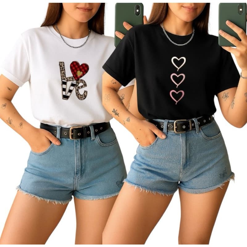 Kit 2 Camiseta t-short  Básica Feminina Love Coração Camisa 100% Algodão Blusa  Envio Imediato