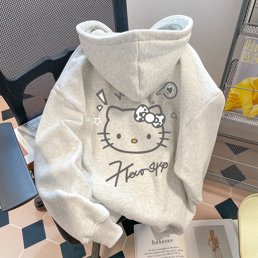 Moletom Canguru Americano Retro HelloKitty Moletom Feminino Versátil Doce Estilo Universitário Estampado