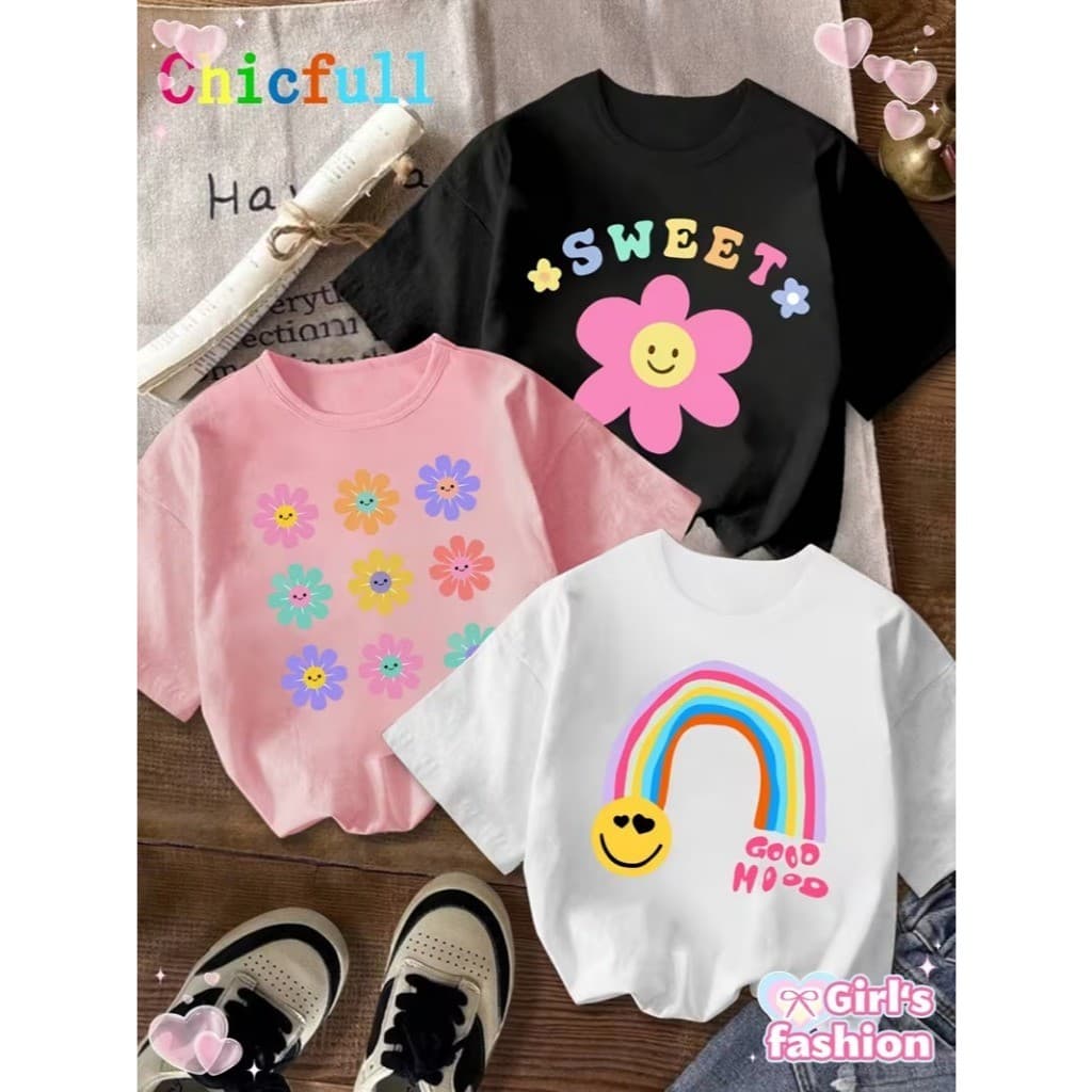 Kit 3 Camiseta Infantil Feminino Arcoires Camisa 100% Algodão Moda Infaitl Casual