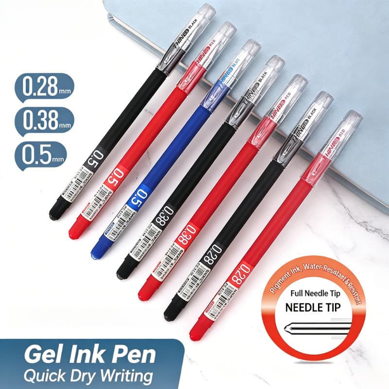 (12 PCS) Caneta Gel Agulha Completa 0.28/0.38/0.5mm Caneta de Carbono Ultrafina de Secagem Rápida Preto Azul Vermelho