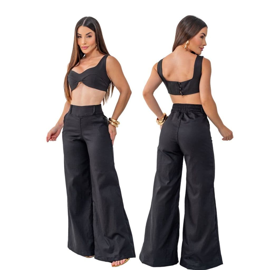 Calça Feminina Wide Leg Pantalona com lycra Preta e Elegante
