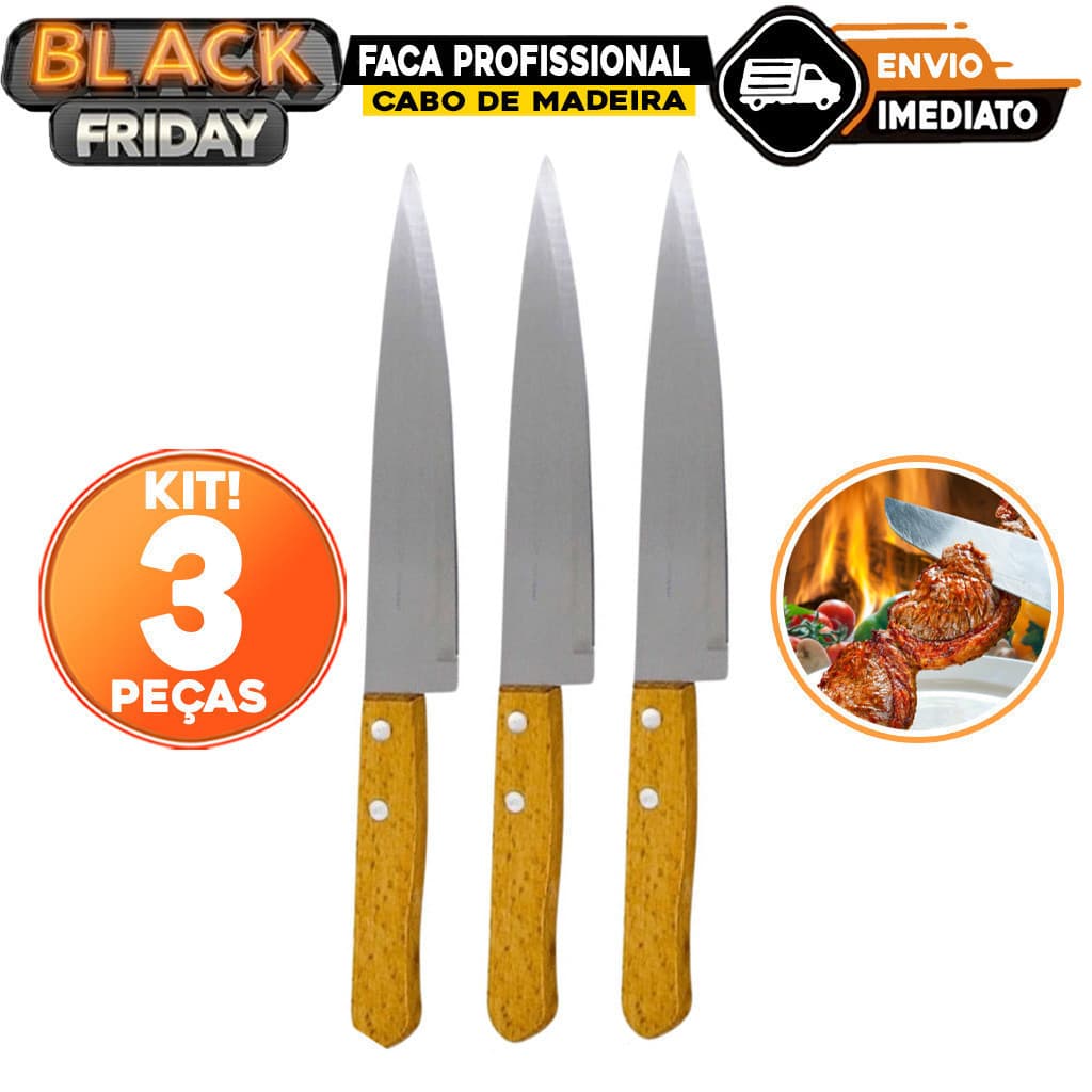 Kit 03 Faca Inox Chef 7 Cabo de Madeira Linha Profissional Cozinha Restaurante