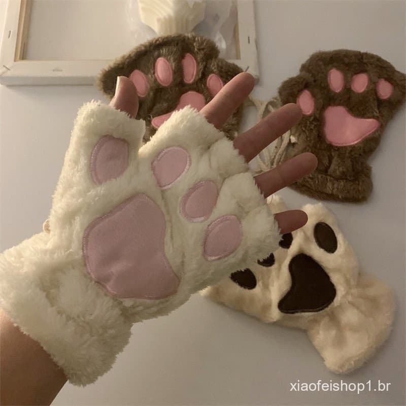Kawaii Mulheres Gato Luvas Moda Meninas Garra Pata Pelúcia Mittens Quente Macio Curta Sem Dedos De Inverno