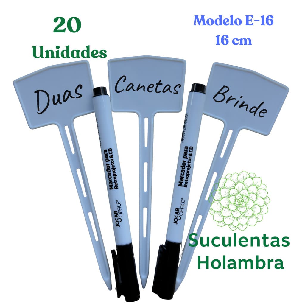 Kit 20 Unidades Plaquinha De Identificação de Plantas E-16 (16cm de altura) + Brinde 2 Canetas Permanente